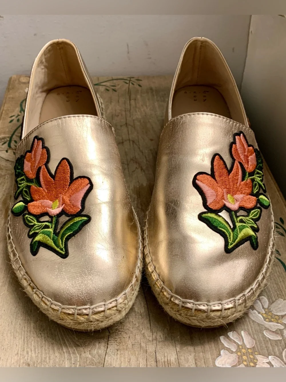 a new day Gold Espadrille Slip-Ons with Pink Floral Applique